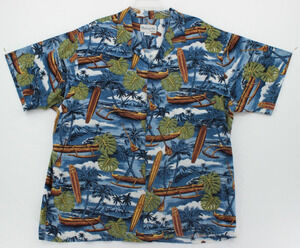 Bishop St. Hawaiian Shirt Men 2XL Blue Tropical Camp Button Up outrigger canoes